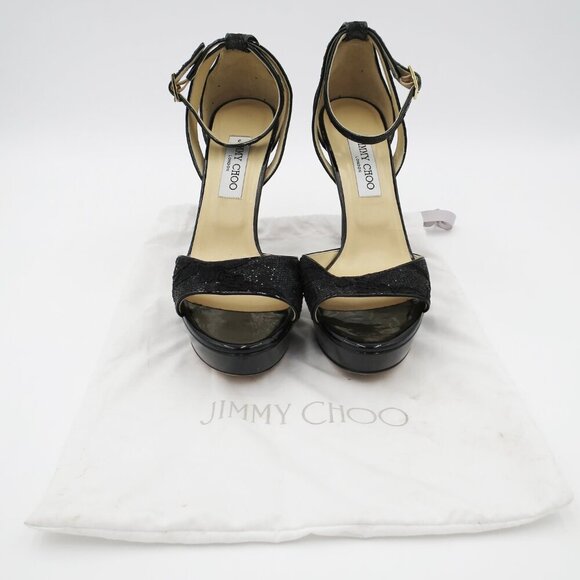 Jimmy Choo London Black Kayden Ankle Strap Sandal 40.5 Leather Suede Glitter - Picture 12 of 14